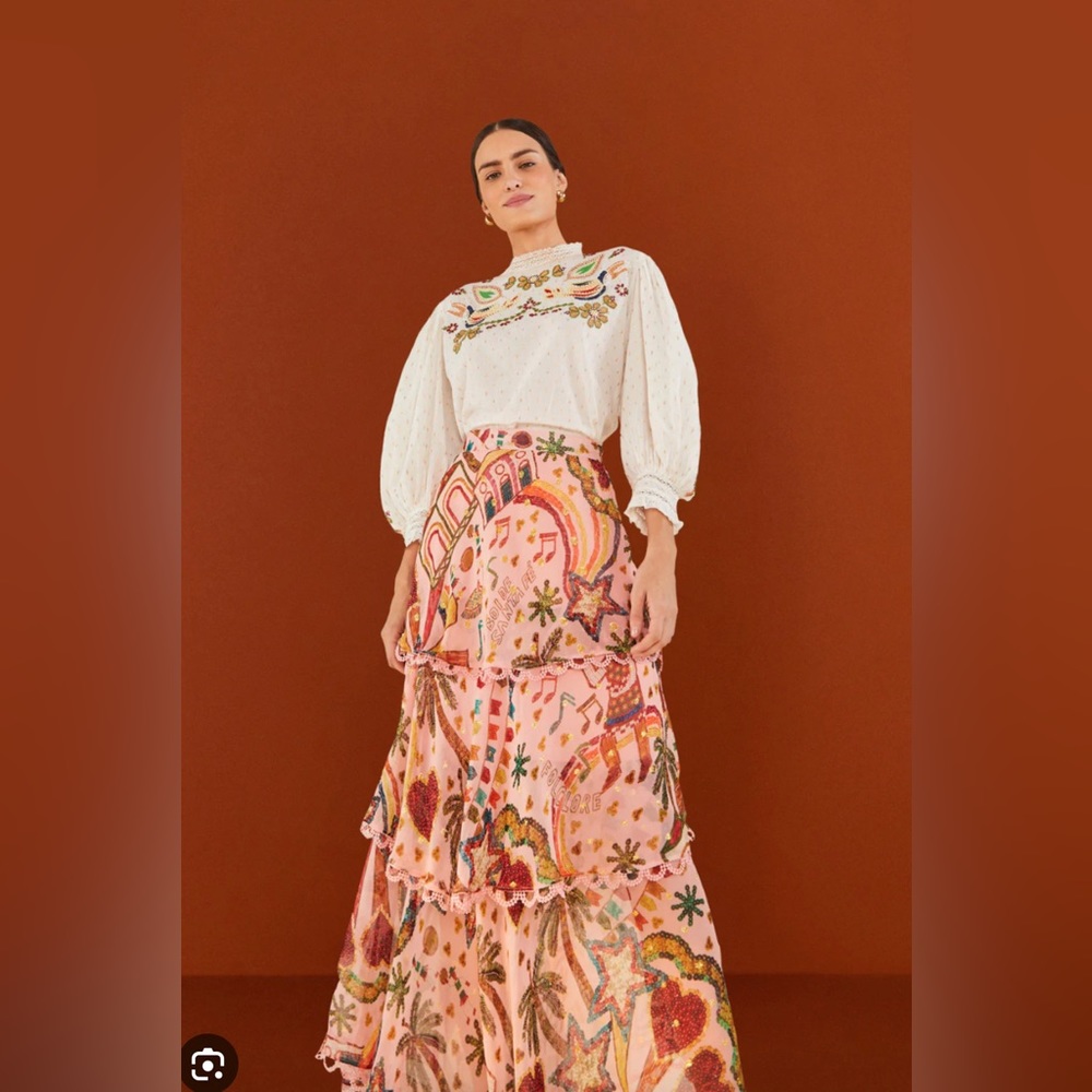 Farm Rio pink Folk Party Layered Skirt
